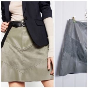 Zara Trafaluc Olive Green Faux Leather Suede A-Line Mini Skirt Womens Size M